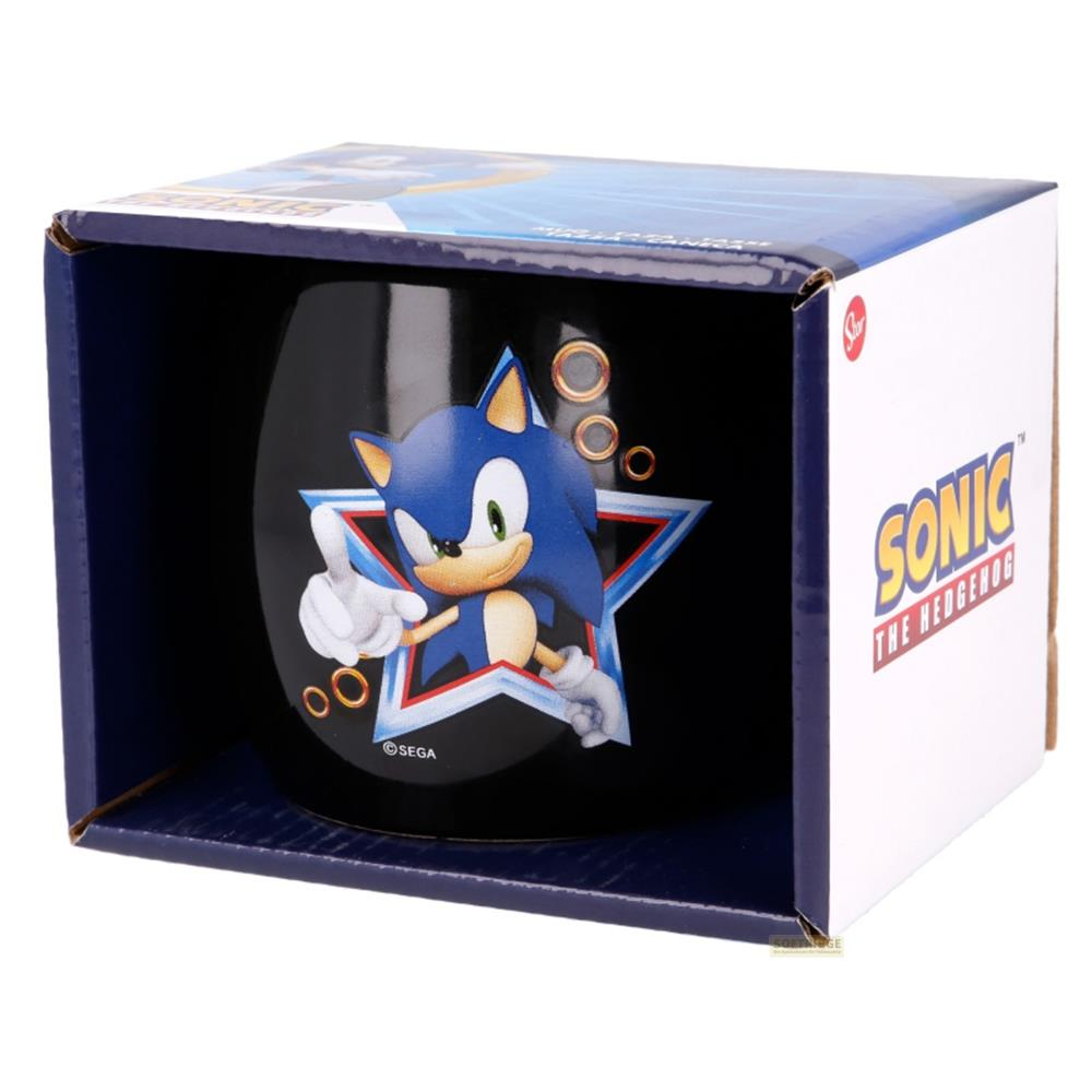 Taza de Sonic the Hedgehog en su caja, con Sonic en la taza y logo en la caja.
