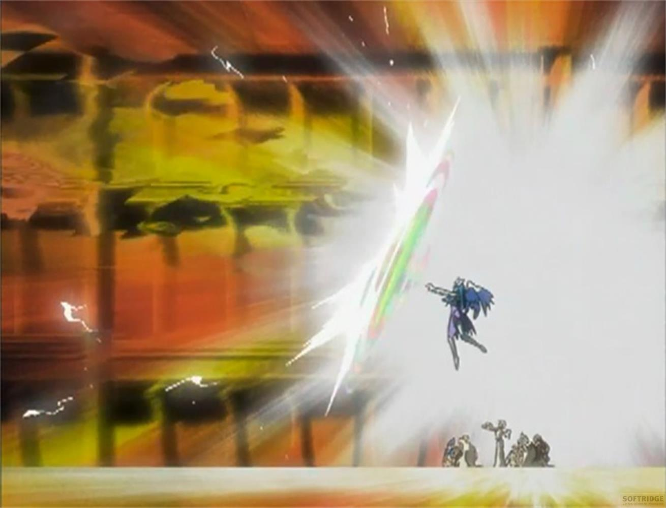 Un personaggio anime viola vola mentre un raggio di luce brillante arriva da sinistra.