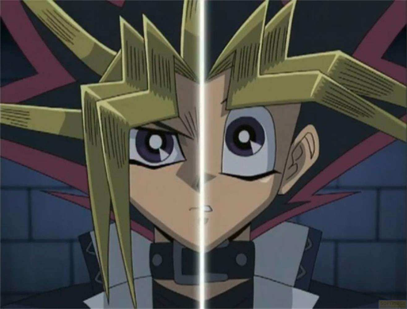 Yugi Muto con volto diviso su sfondo scuro.