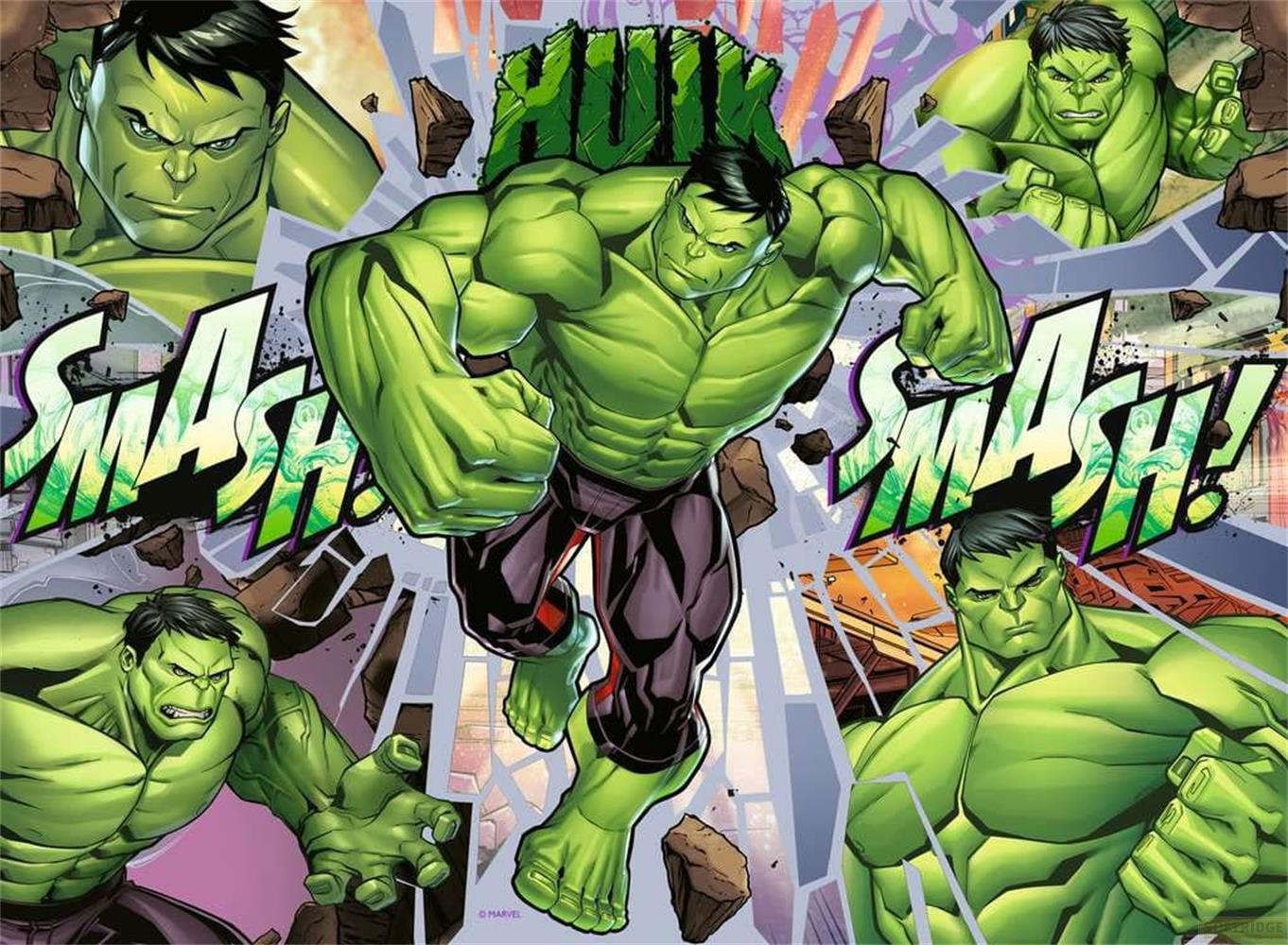 L'Incredibile Hulk sfonda un muro, circondato da scritte "Smash!".
