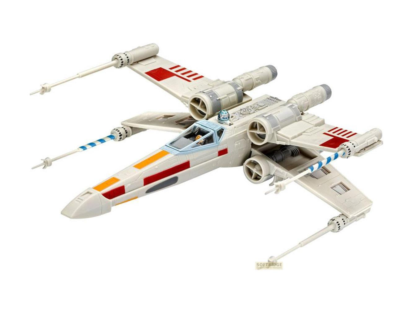 Jouet X-wing blanc avec marquages rouges et orange, un pilote et des rayures bleues.
