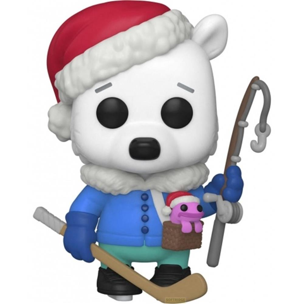Ein Eisbär mit Weihnachtsmütze, Angel und Eishockeyschläger.
