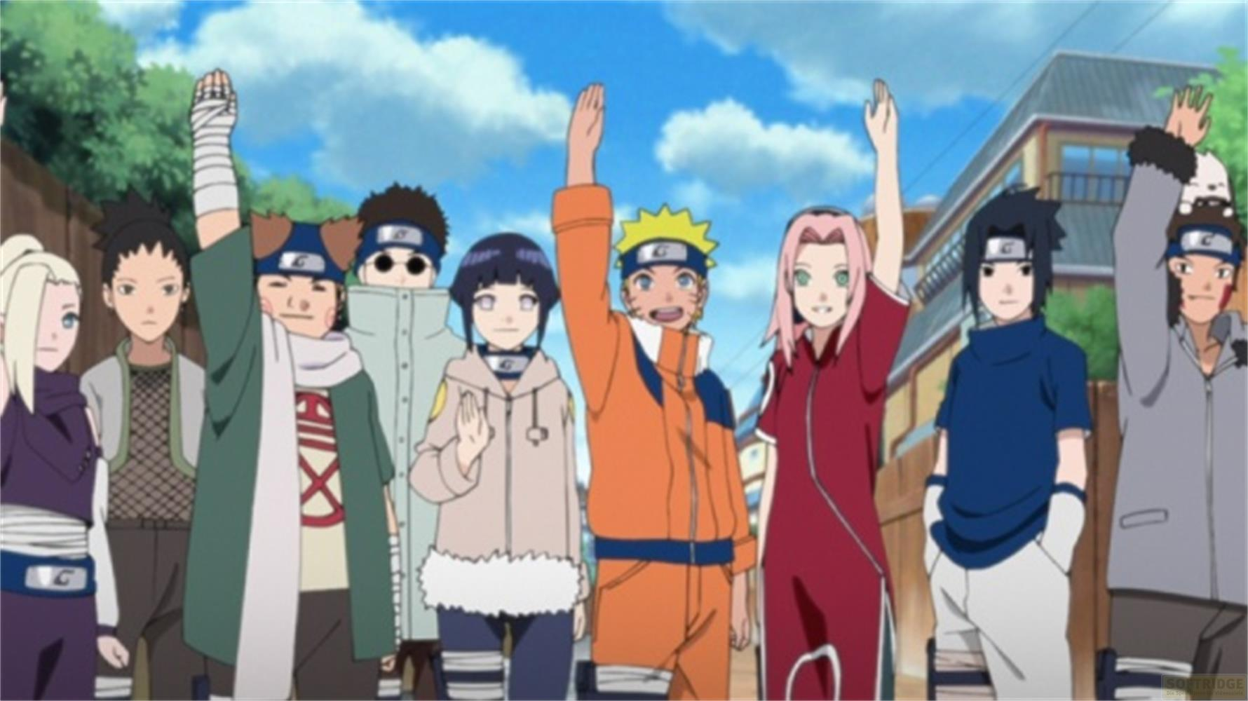 Un gruppo di personaggi anime si trova all'aperto con le mani alzate.