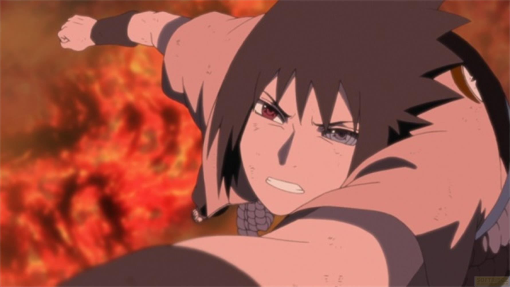 Personaggio anime con capelli scuri ed eterocromia davanti a fiamme.