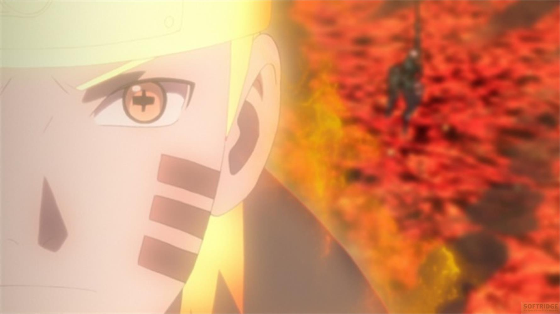 L'occhio di Naruto a fuoco, una persona in fiamme sullo sfondo.