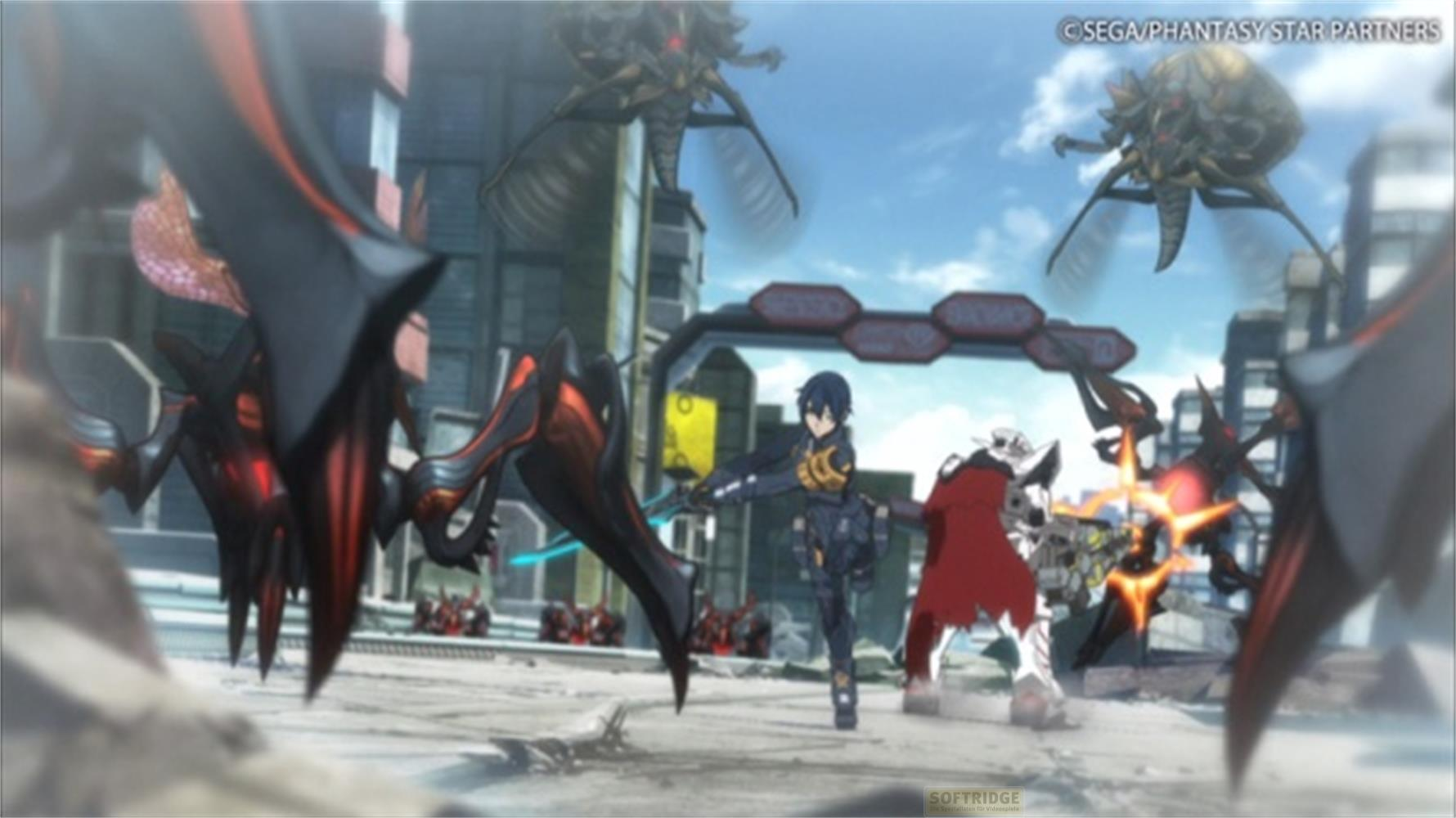 Scena anime con combattenti che combattono mostri meccanici in città.