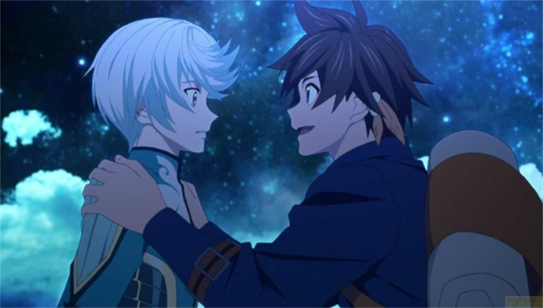 Due ragazzi anime, uno con capelli blu e uno castani, si guardano. Cielo notturno scuro.