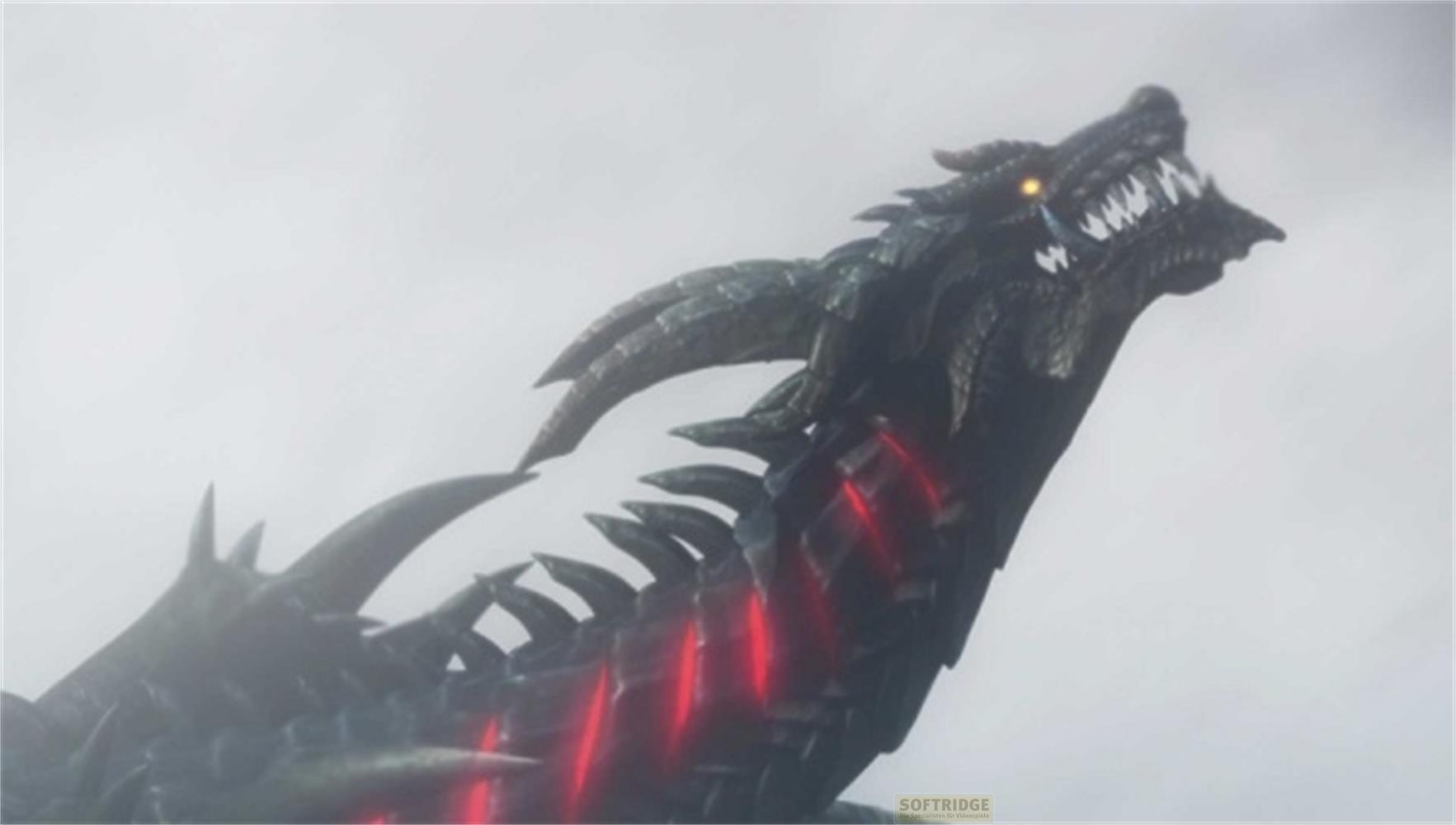 Un drago oscuro con occhi luminosi e luci rosse sul corpo.