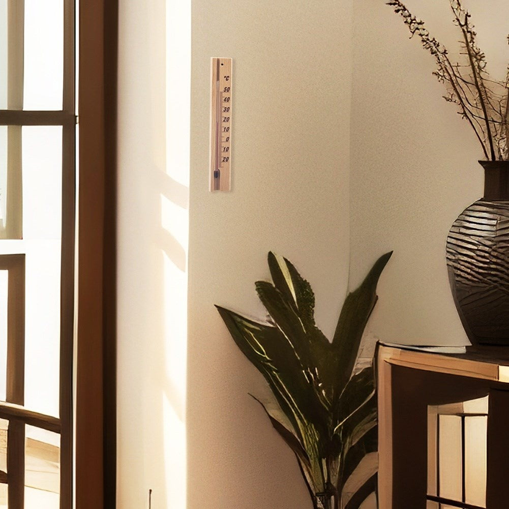 Un termómetro en la pared marca 10°C, con una planta y jarrón al lado.