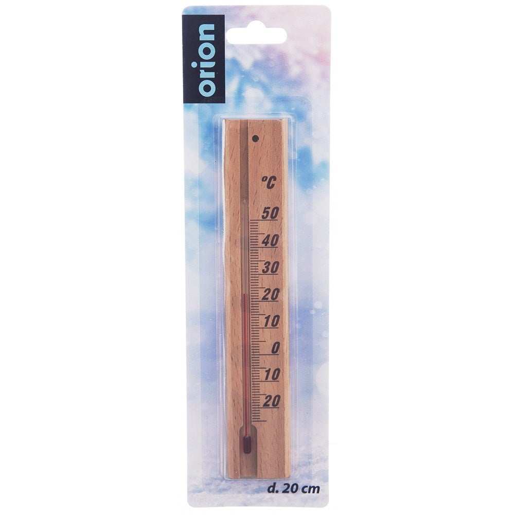 Un termómetro de madera con escala de -20 a 50°C en un paquete.