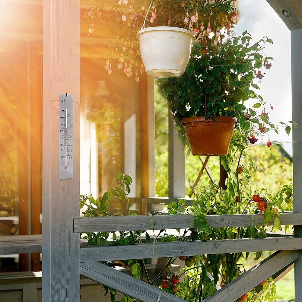 Un termómetro cuelga de un poste de madera junto a plantas colgantes y tomates.