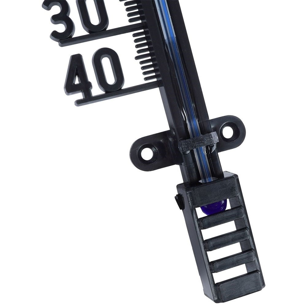 Primer plano de un termómetro negro con líquido azul y marcas de 30 y 40.