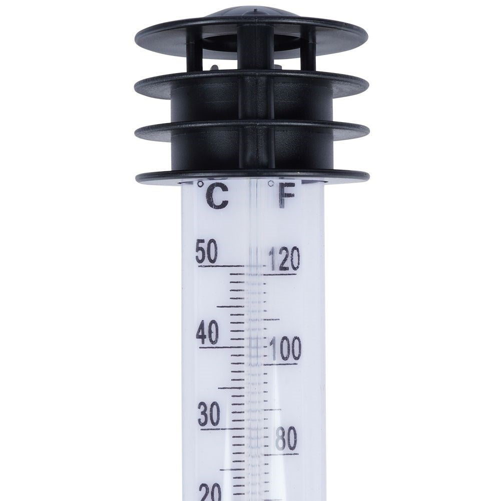 Primer plano de un termómetro con escalas Celsius y Fahrenheit.