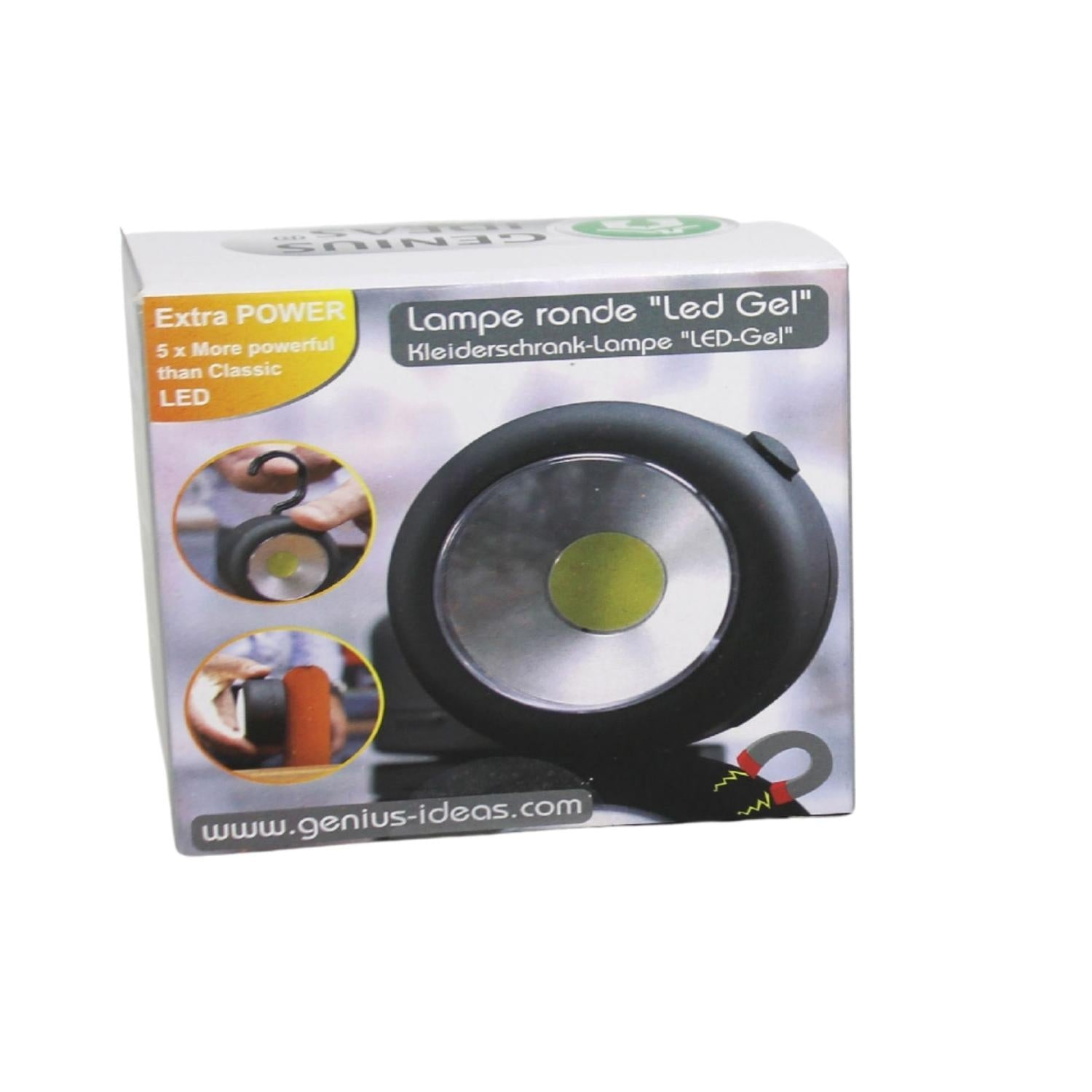 Caja de lámpara LED redonda con imán. Texto: Extra Power LED.