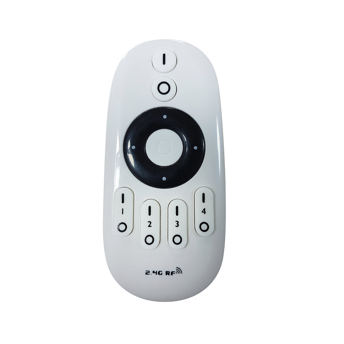 Un control remoto blanco con botones negros y números 1-4.
