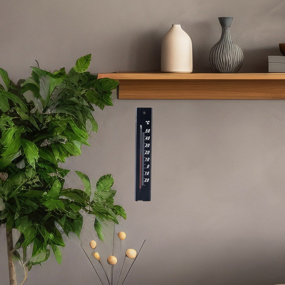 Un termómetro en una pared junto a una planta.