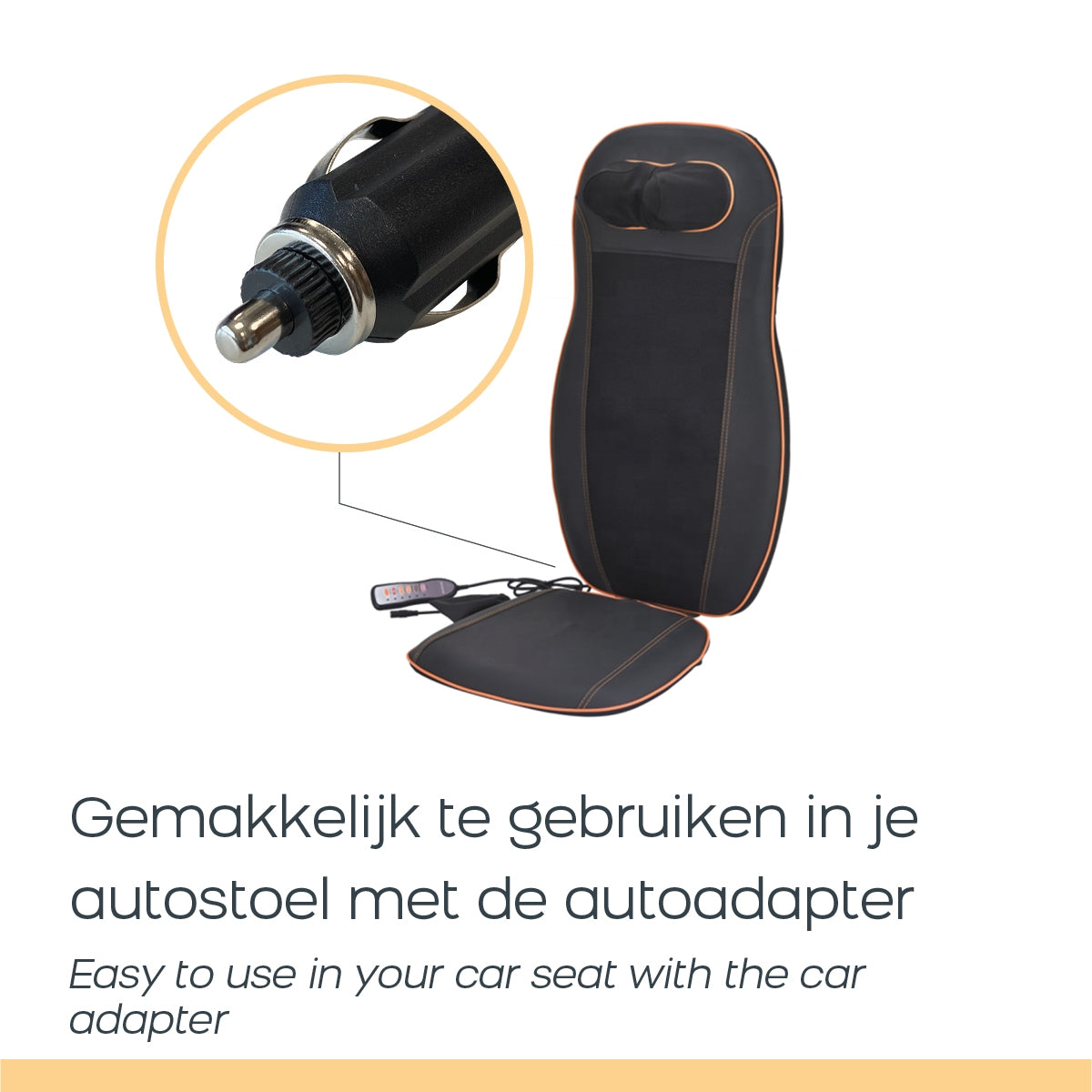 Un masajeador negro para asiento de coche con mando y adaptador para mechero.
