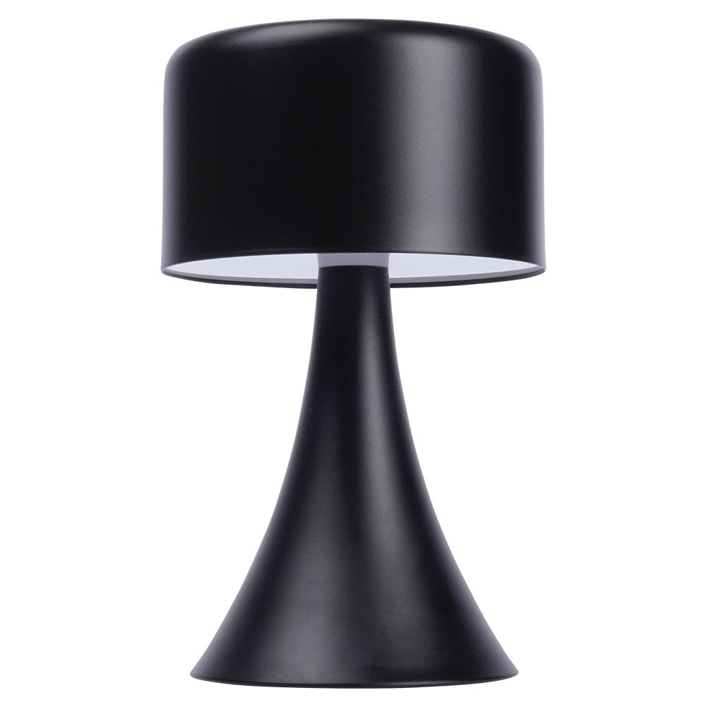 Lámpara de mesa negra con pantalla cilíndrica y base cónica.
