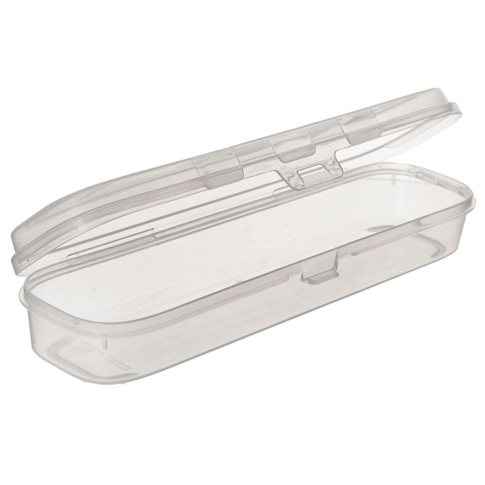 Un recipiente de plástico transparente y rectangular con la tapa abierta.