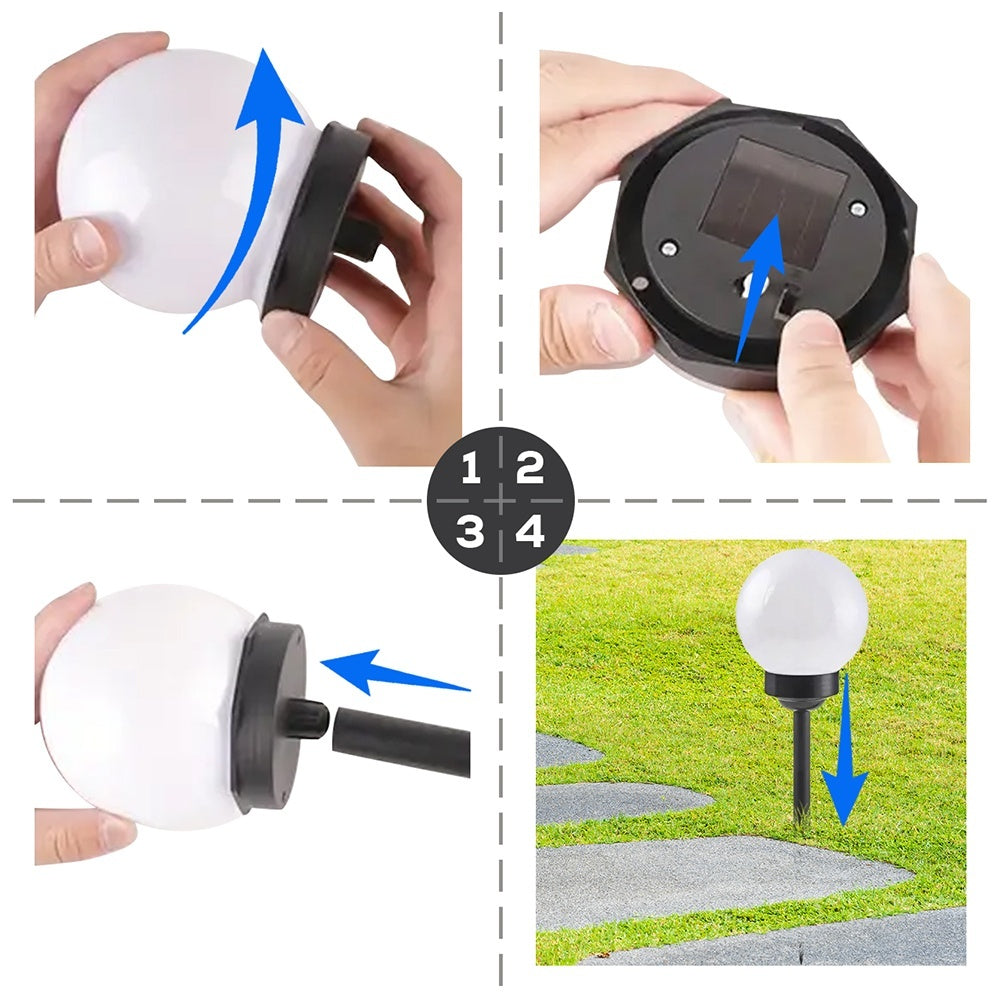 Instrucciones: Montar lámpara, insertar panel solar, conectar pieza, clavar lámpara.