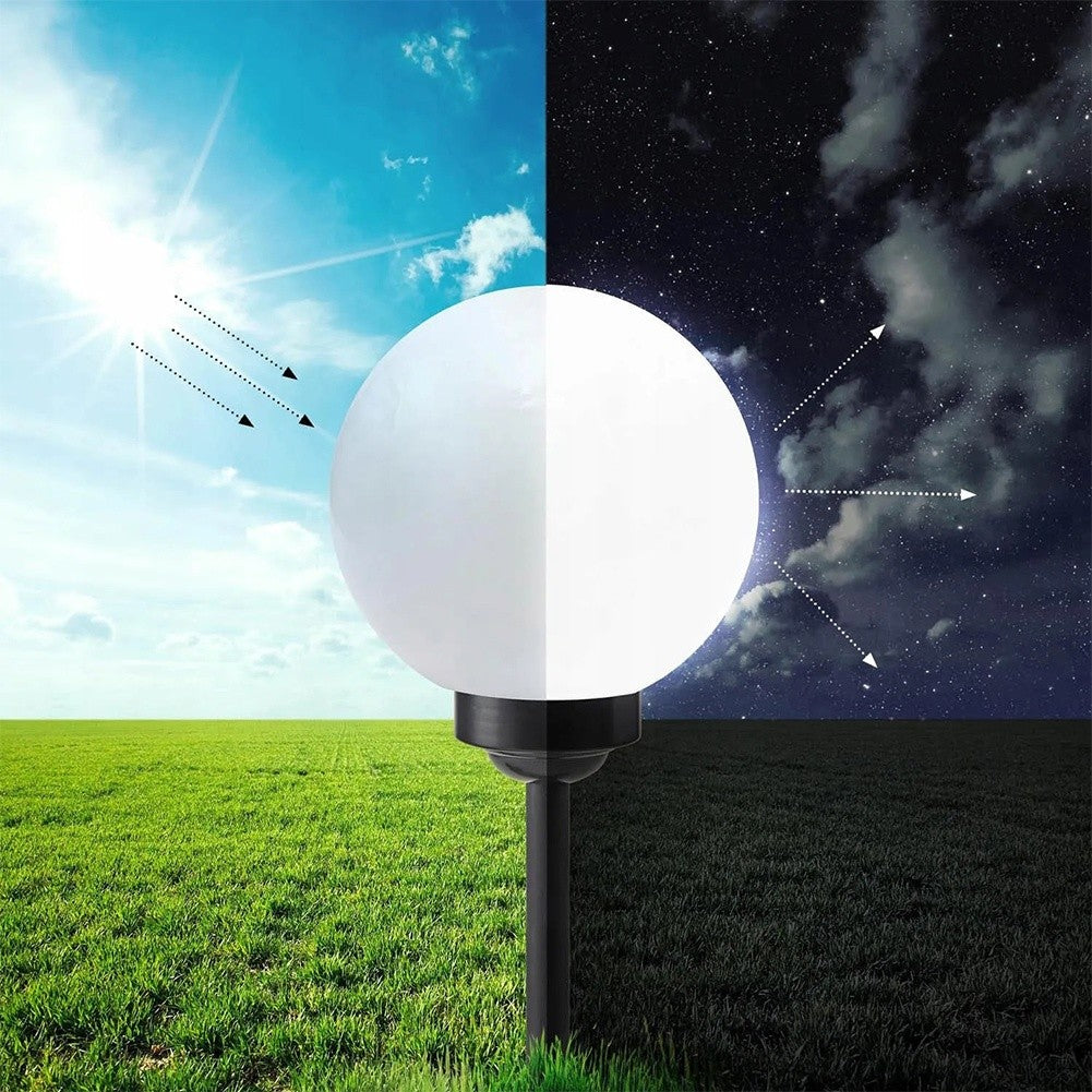 Una esfera blanca de día y de noche estrellada, en un campo.