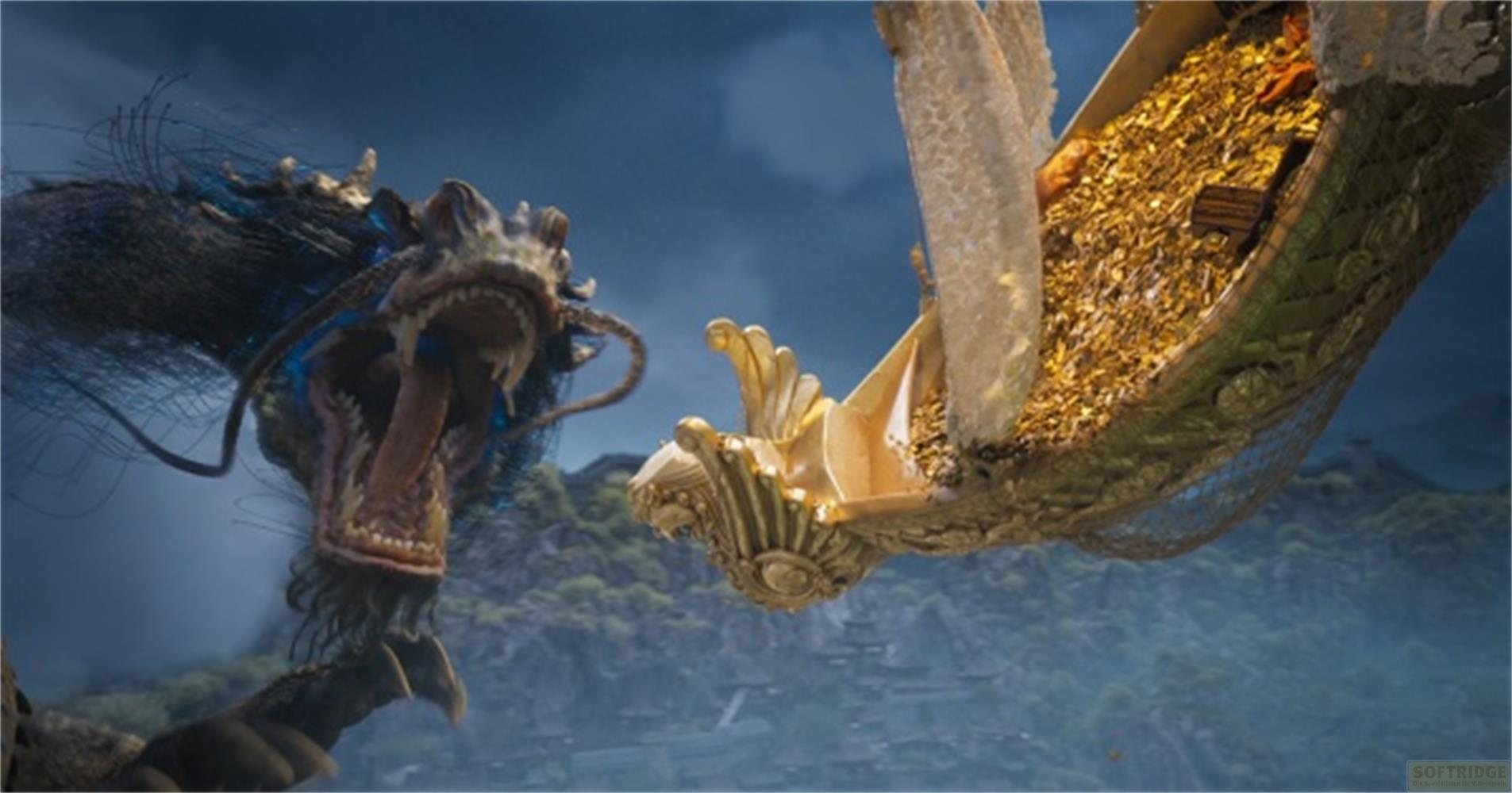 La testa di un drago con la bocca aperta guarda un tesoro d'oro in una rete.