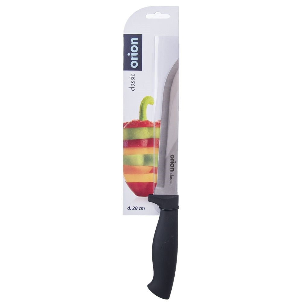 Un cuchillo de cocina con mango negro y hoja plateada, empaquetado con un gráfico de pimiento colorido.