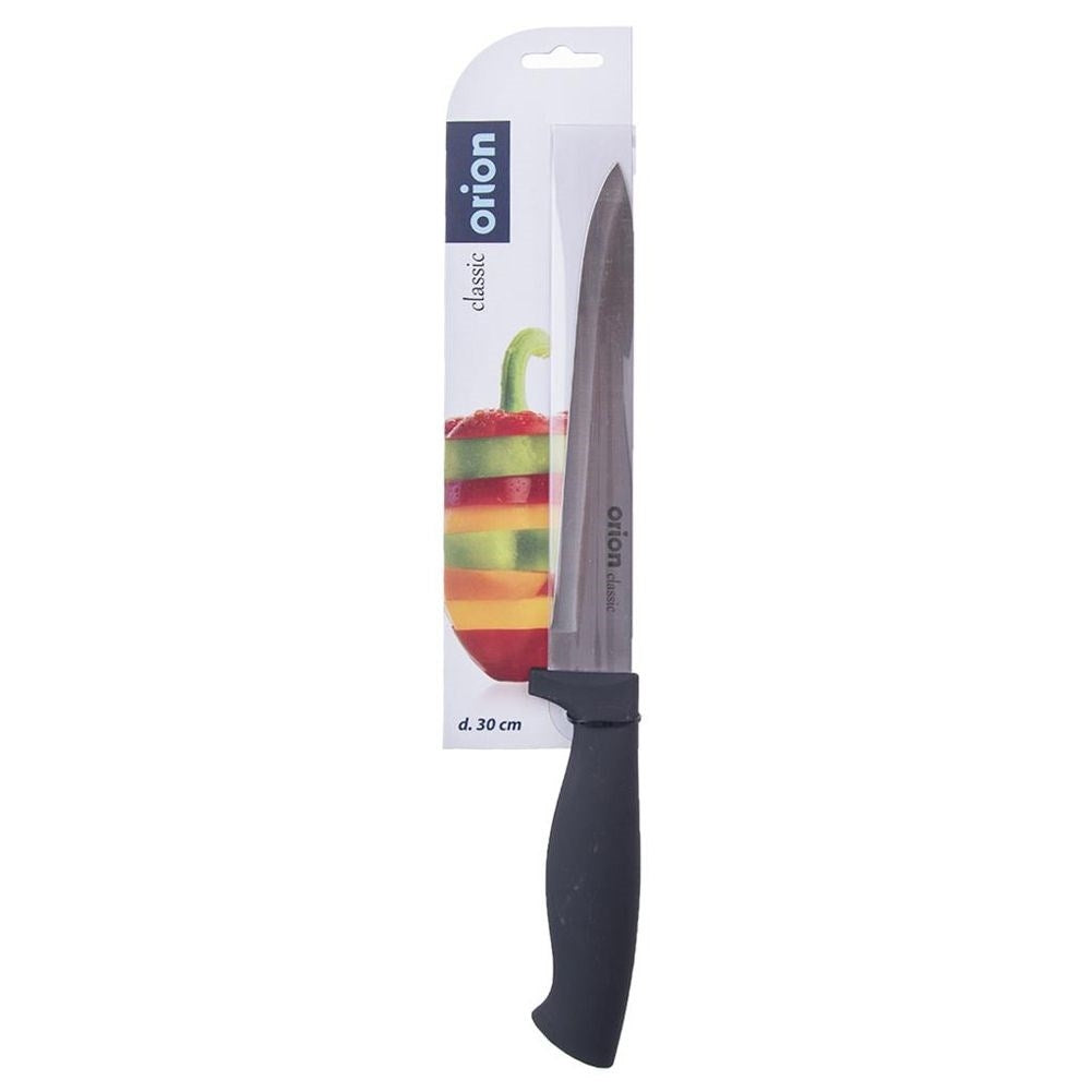 Cuchillo Orion classic con mango negro, en packaging mostrando pimiento morrón en rodajas.