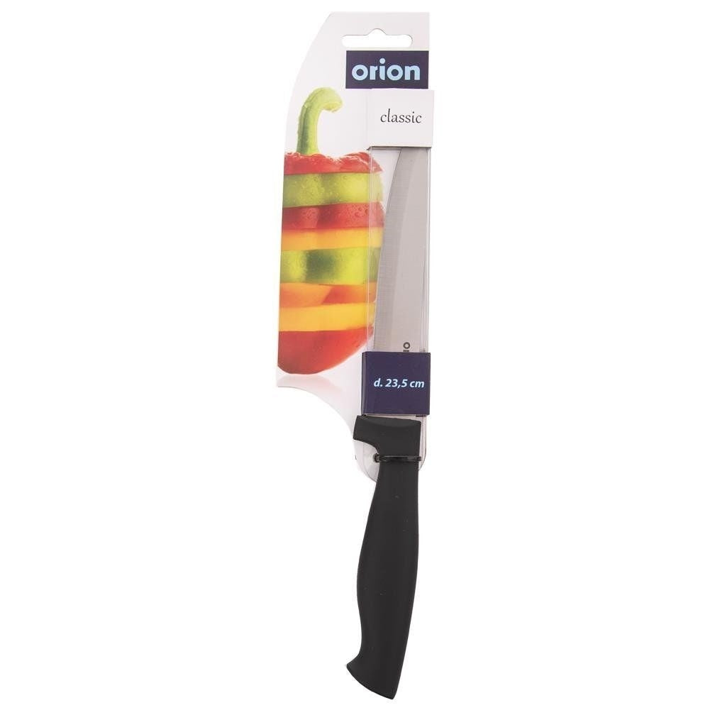 Un cuchillo de cocina con mango y hoja negros, empaquetado con una imagen de pimientos cortados.