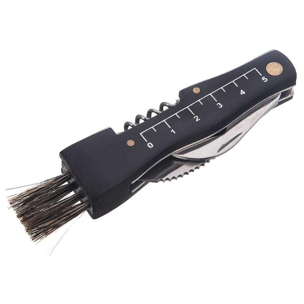 Herramienta multifunción negra con cepillo, sacacorchos, cuchillo y marcas de regla.