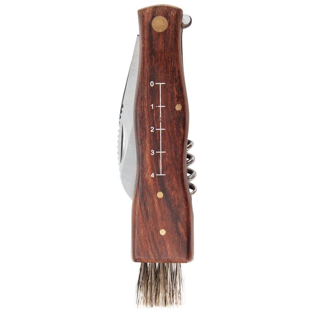 Navaja de mango de madera con escala, hoja, sacacorchos y cepillo.
