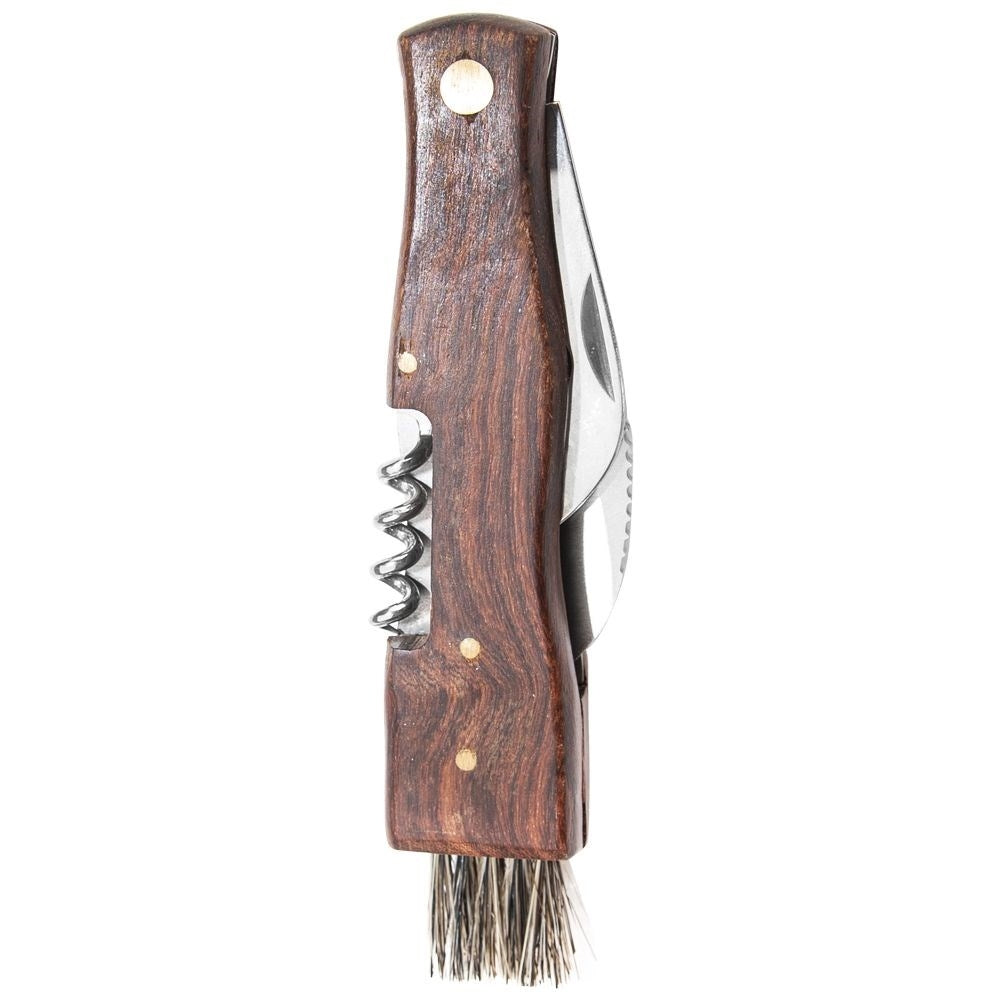 Un cuchillo de mango de madera con sacacorchos, hoja y cepillo.
