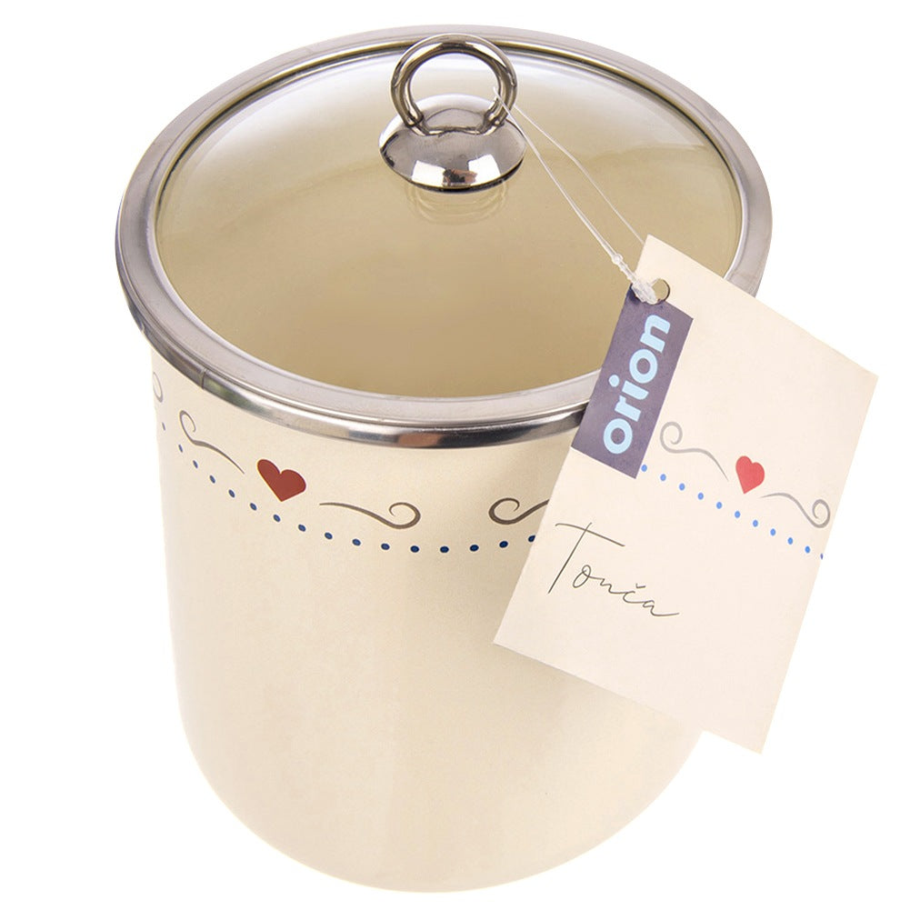 Bote de almacenamiento crema con tapa de cristal y decoración de corazón. Con etiqueta.