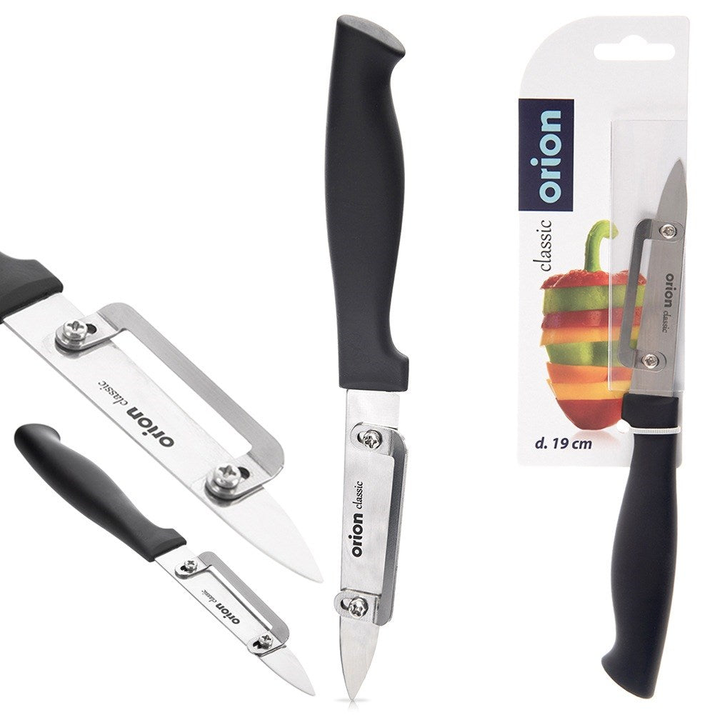 Utensilios de cocina: un pelador y dos cuchillos con mangos negros.
