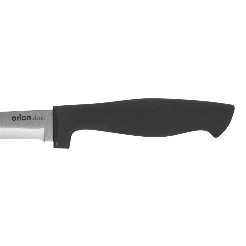 Un cuchillo con mango negro y hoja de metal. Texto en la hoja: 'orion classic'.