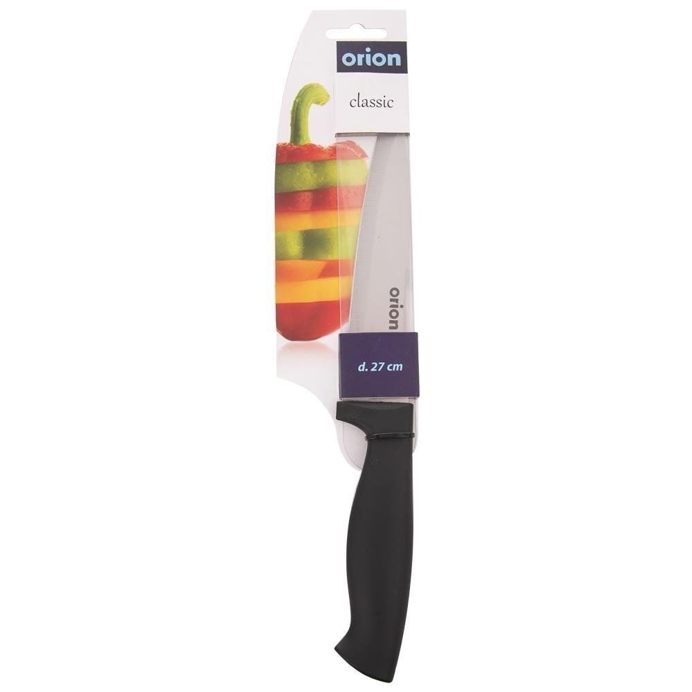 Un cuchillo de cocina con mango negro y hoja plateada, empaquetado con gráfico de pimiento.