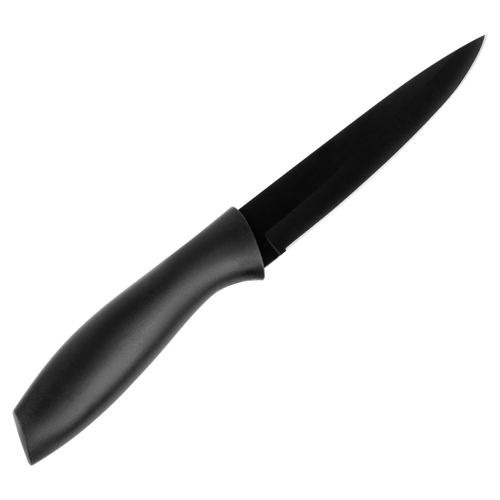 Un cuchillo negro con mango y hoja negros sobre fondo blanco.