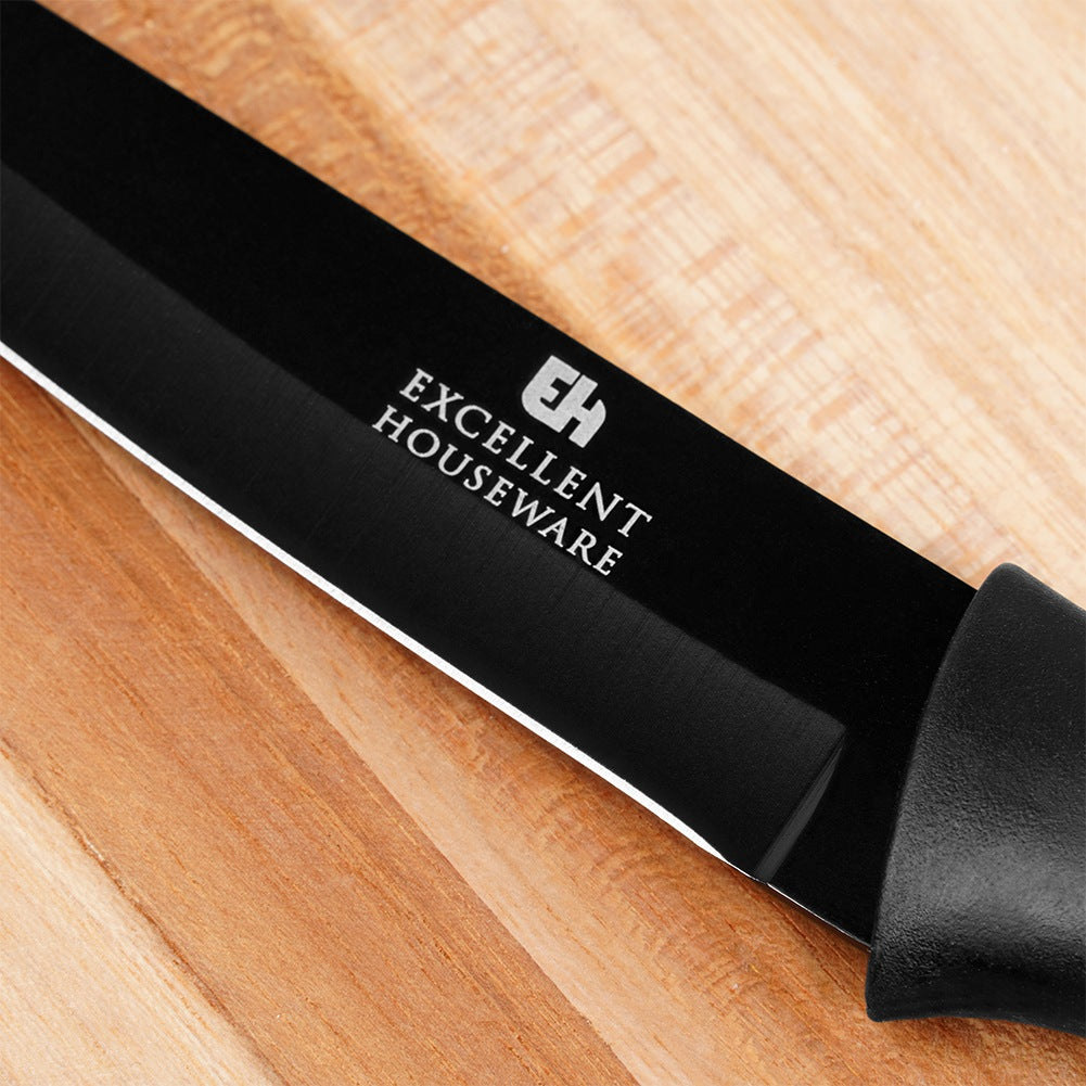 Primer plano de hoja de cuchillo negra con logo 'EH' y texto 'EXCELLENT HOUSEWARE'.