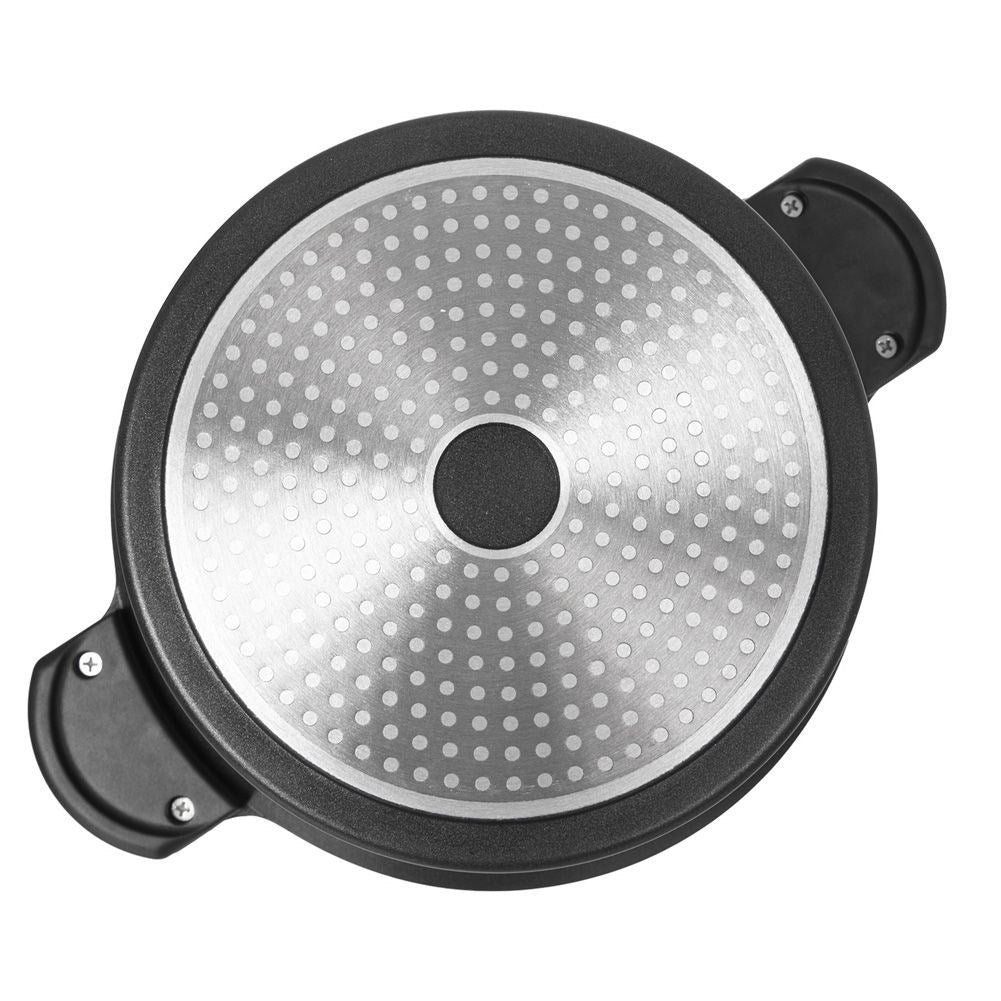 Parte inferior de una olla con patrón circular plateado y asas negras.