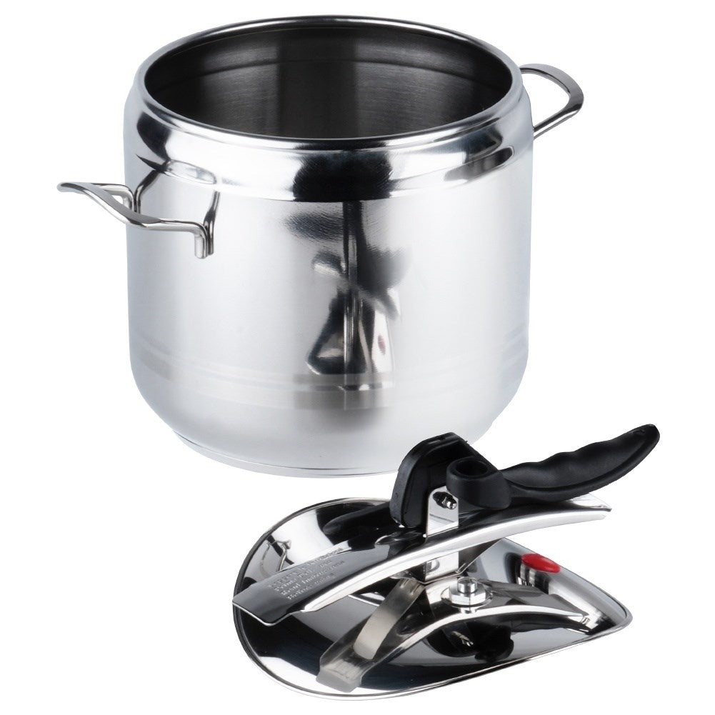 Una olla brillante de acero inoxidable con asas y tapa separada.