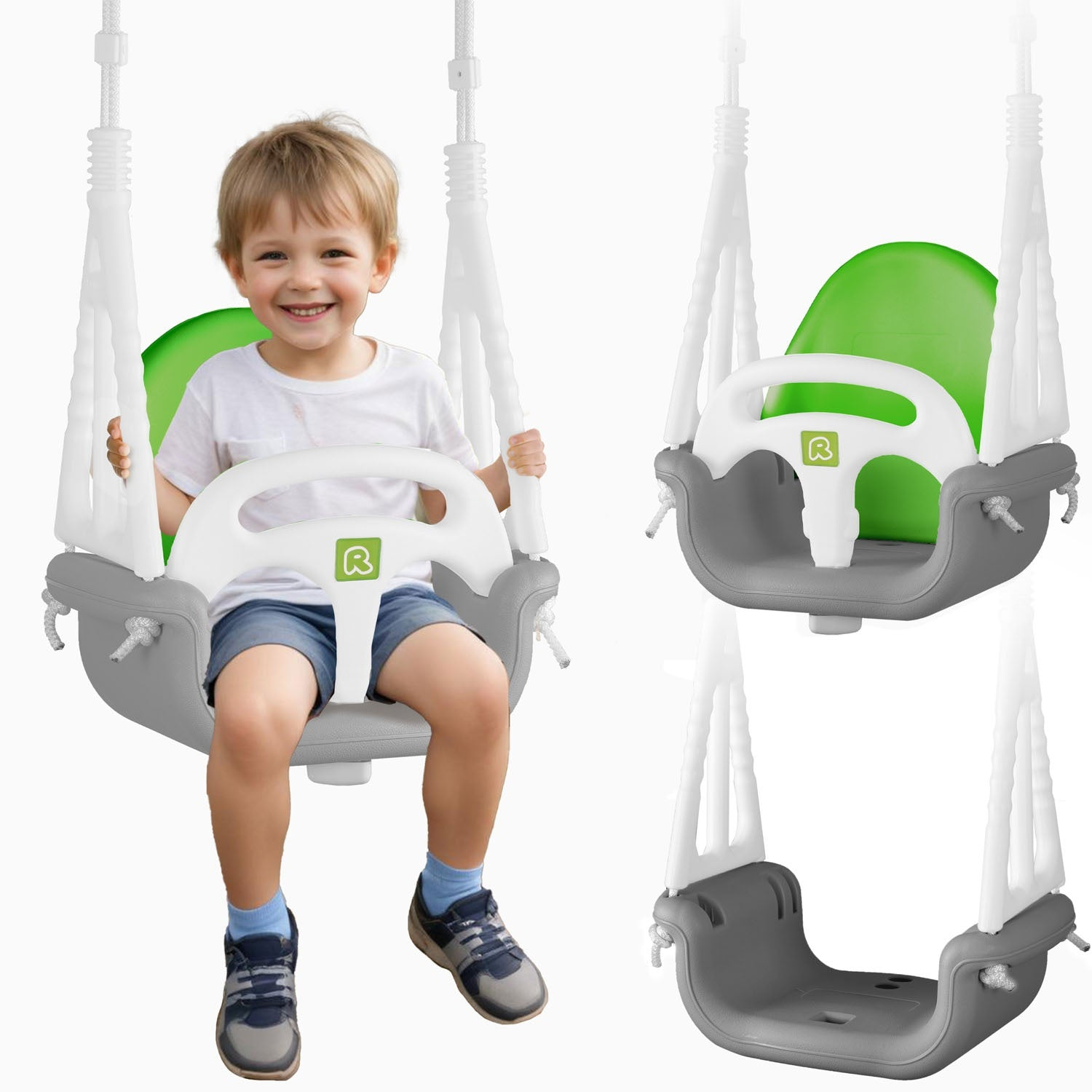 Un niño se sienta en un columpio gris con inserto verde y volante.