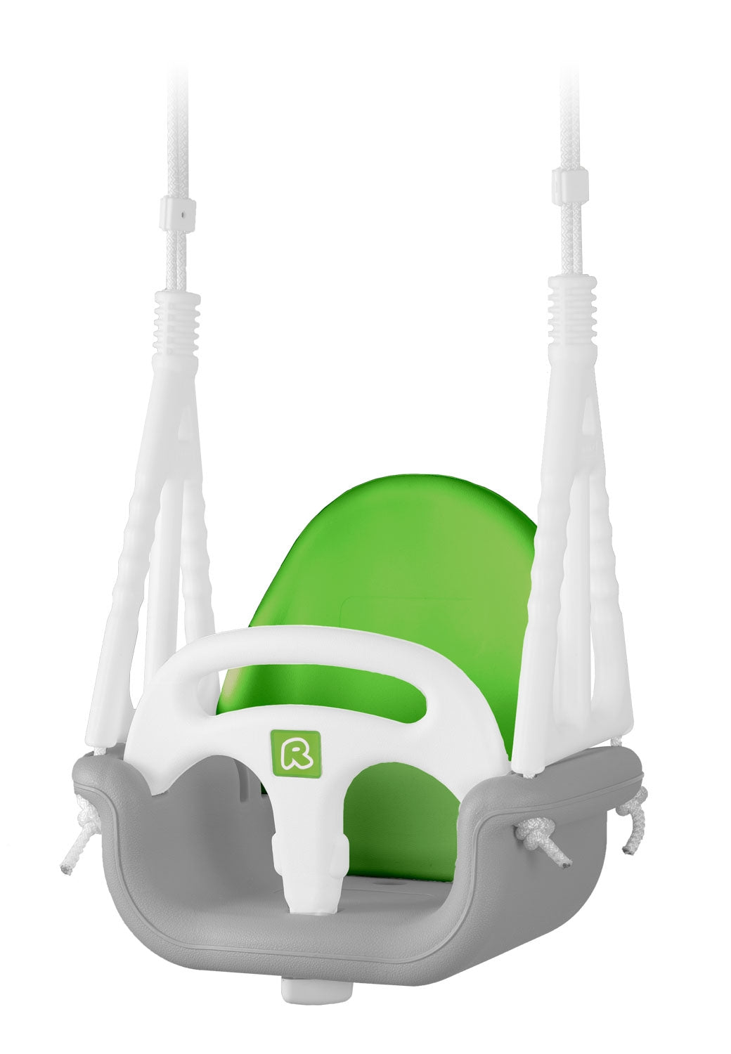 Un asiento de columpio gris para bebé con respaldo verde y volante blanco.