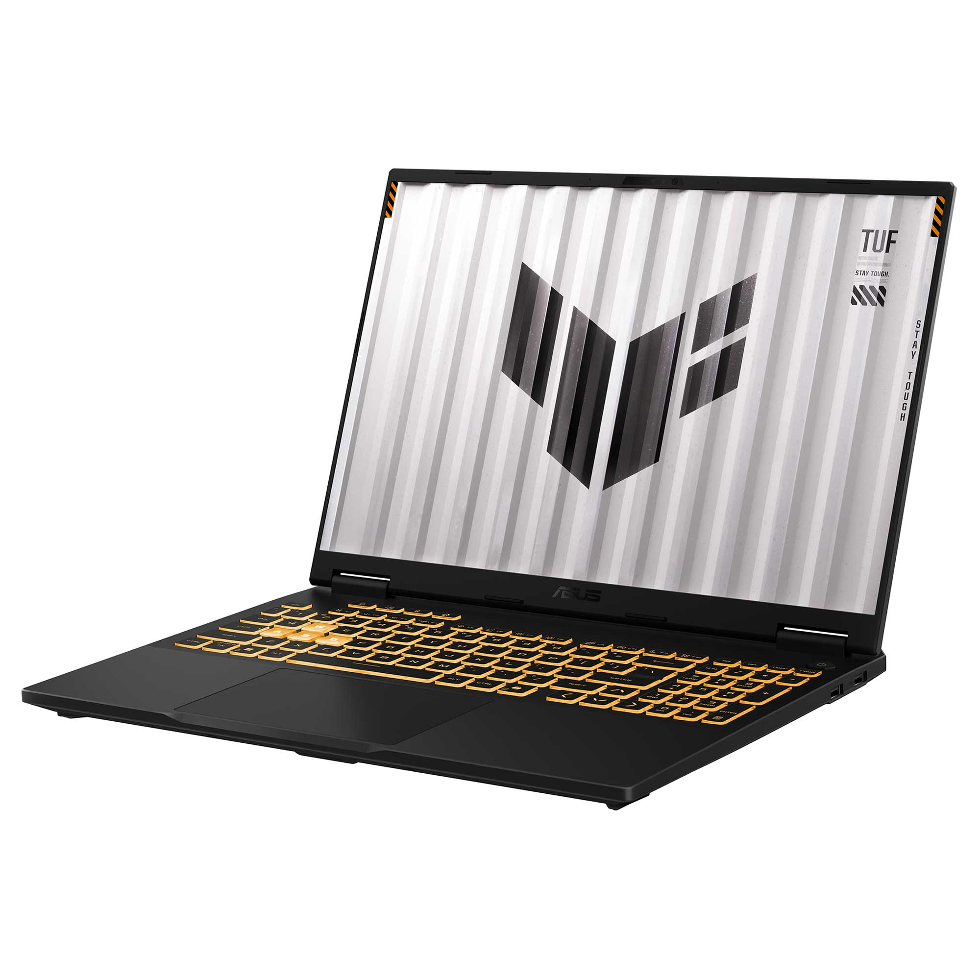 Sarı arka aydınlatmalı klavyeli ve ekranda TUF logosu bulunan siyah ASUS dizüstü bilgisayar.