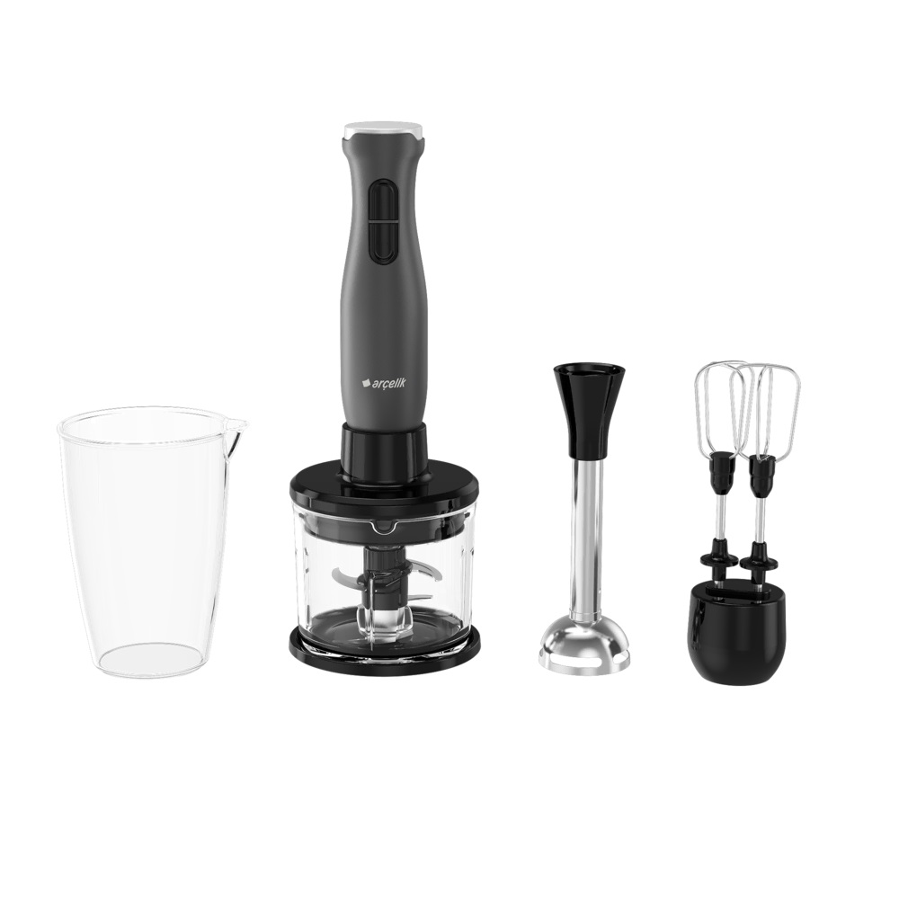 Aksesuarli koyu renk el blender seti: ölçü kabı, doğrayıcı, çubuk ve çırpıcı.