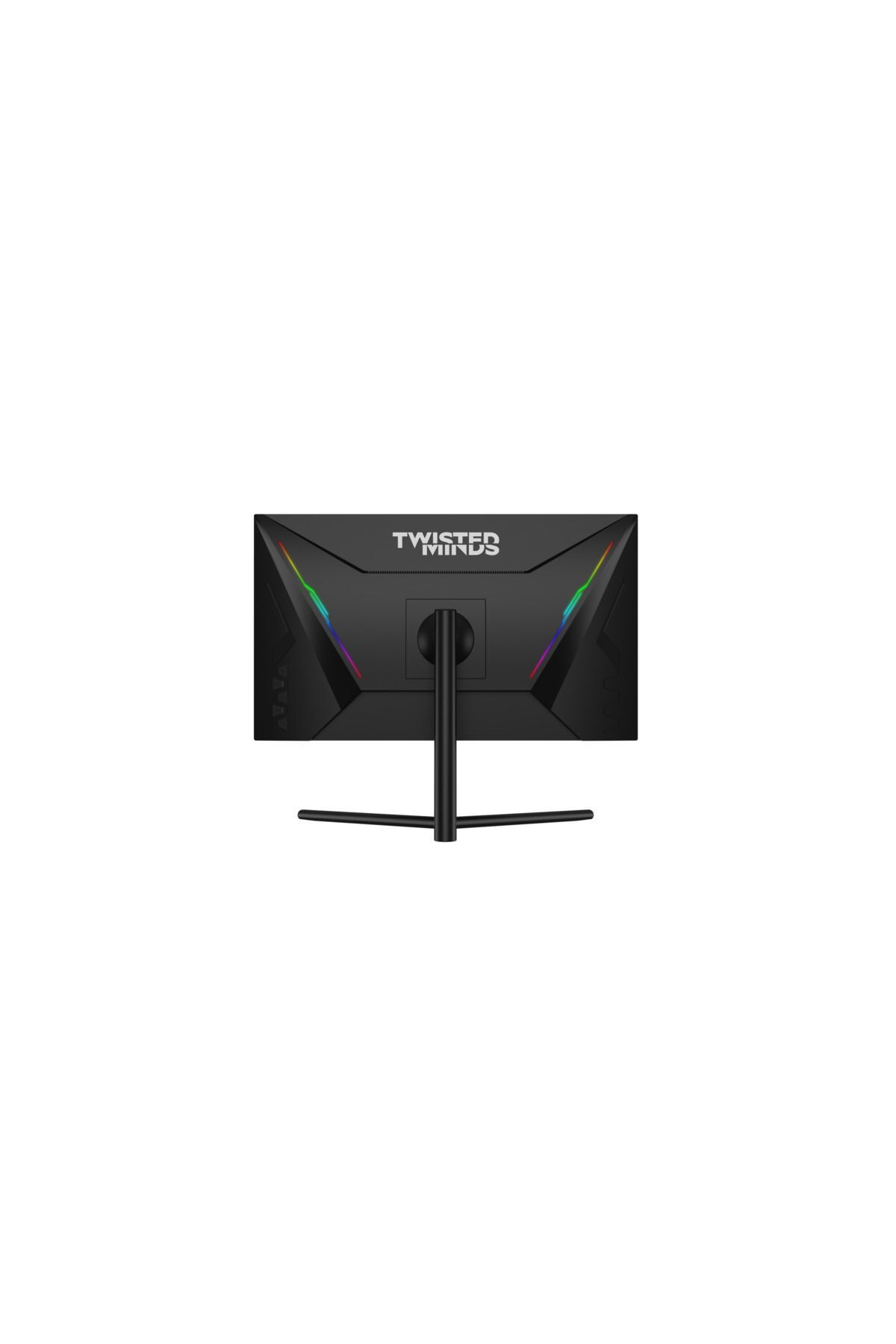 RGB aydınlatmalı "TWISTED MINDS" logolu siyah bir oyuncu monitörü.