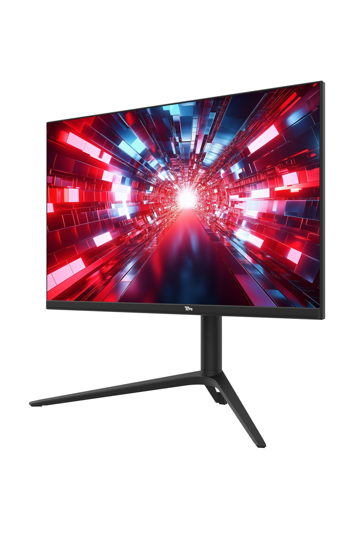 Fütüristik kırmızı ve mavi tünel duvar kağıdı gösteren siyah bir monitör.