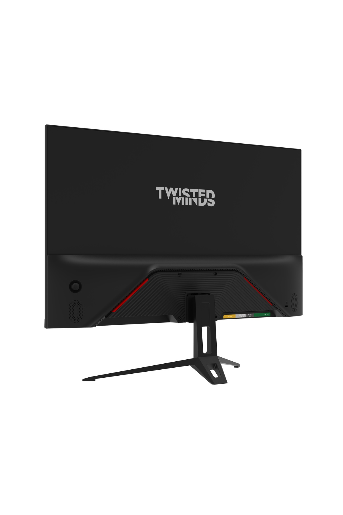 Kırmızı vurgulara ve TWISTED MINDS logosuna sahip siyah monitörün arka görünümü.