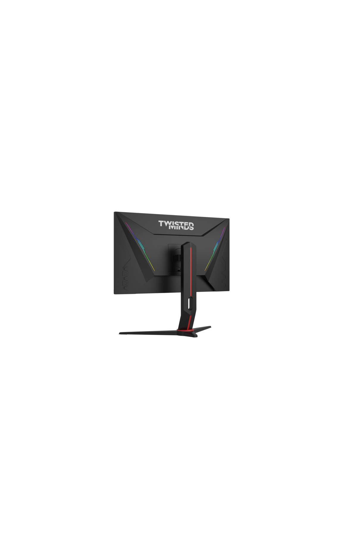 Kırmızı vurgulu ayaklı ve RGB aydınlatmalı siyah oyuncu monitörü.