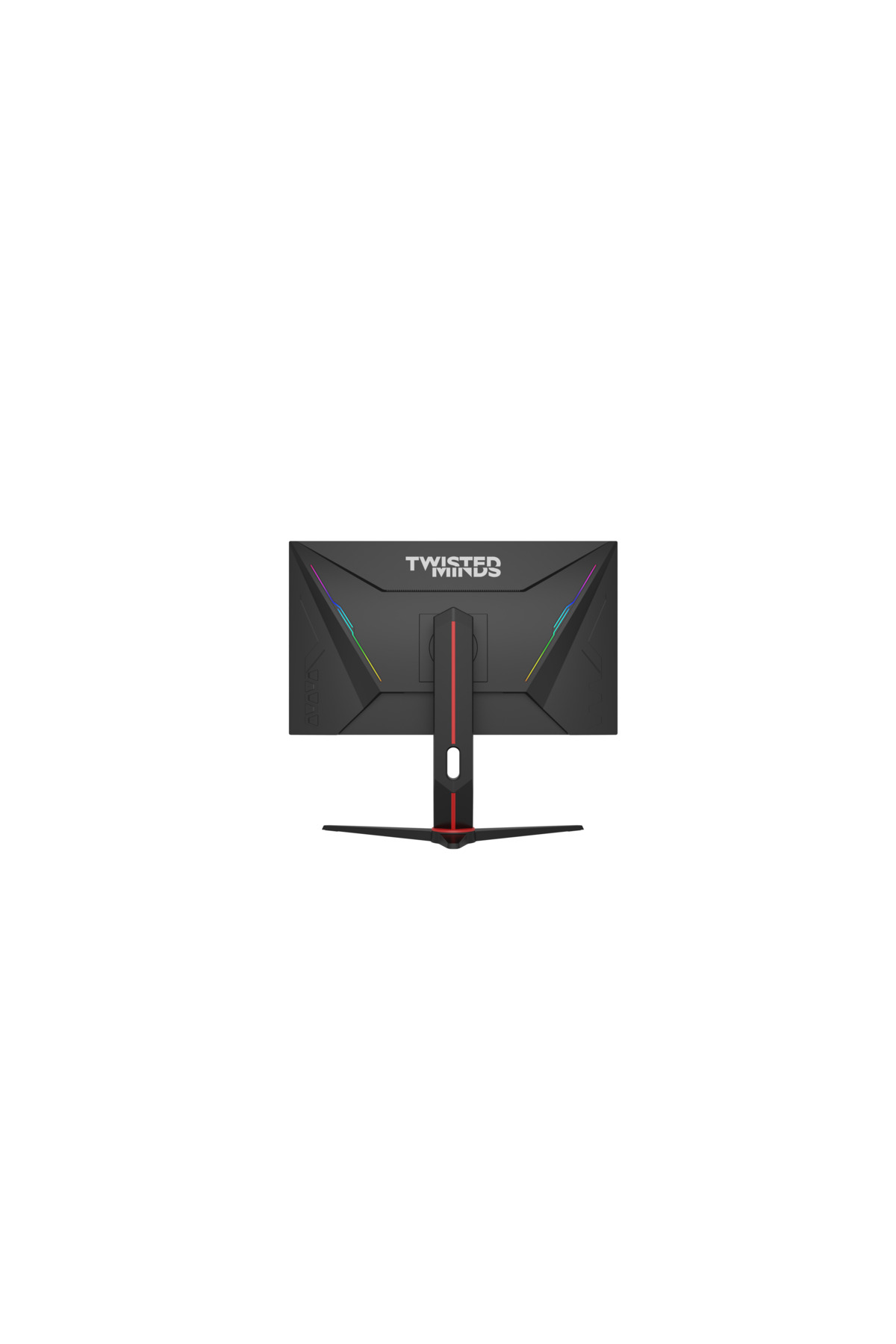 RGB aydınlatmalı ve kırmızı şeritli siyah oyuncu monitörünün arka görünümü.