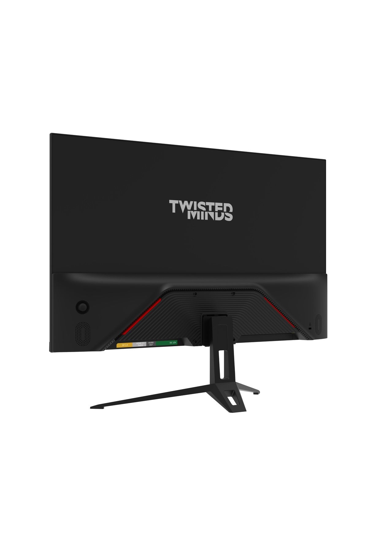 Kırmızı vurgulu siyah monitör, "TWISTED MINDS" logosu, portlar görünür.